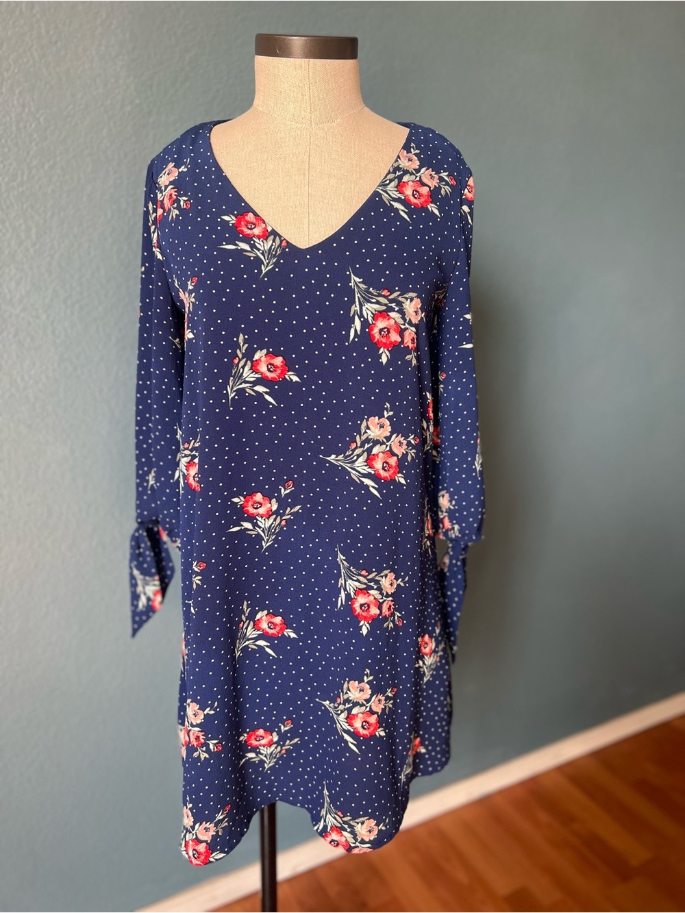 miami Navy Floral V-Neck Long Sleeve Dress with Tie Cuffs